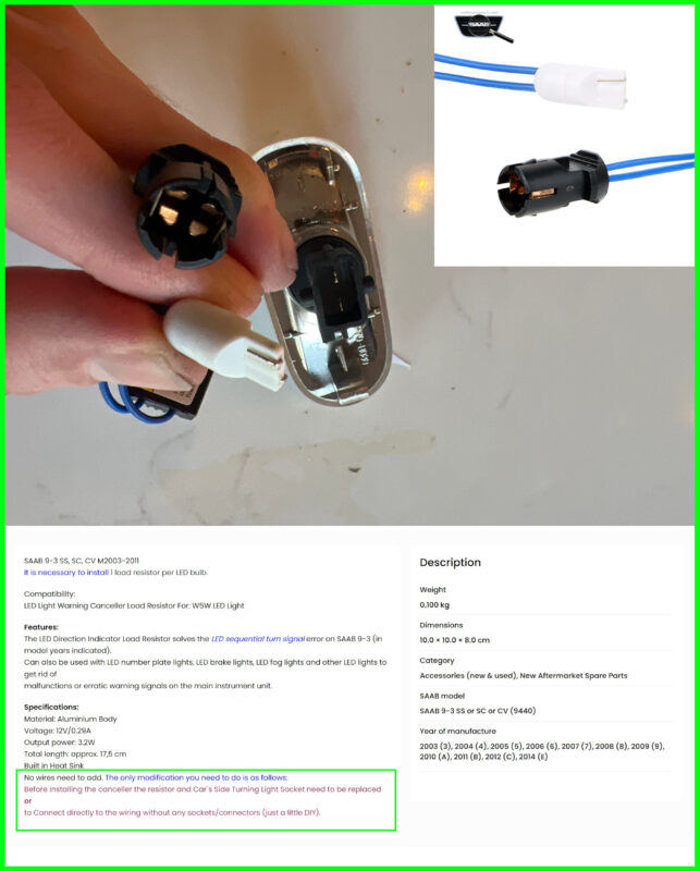 LED Direction Indicator Load Resistor with Adapter for W5W Bulb